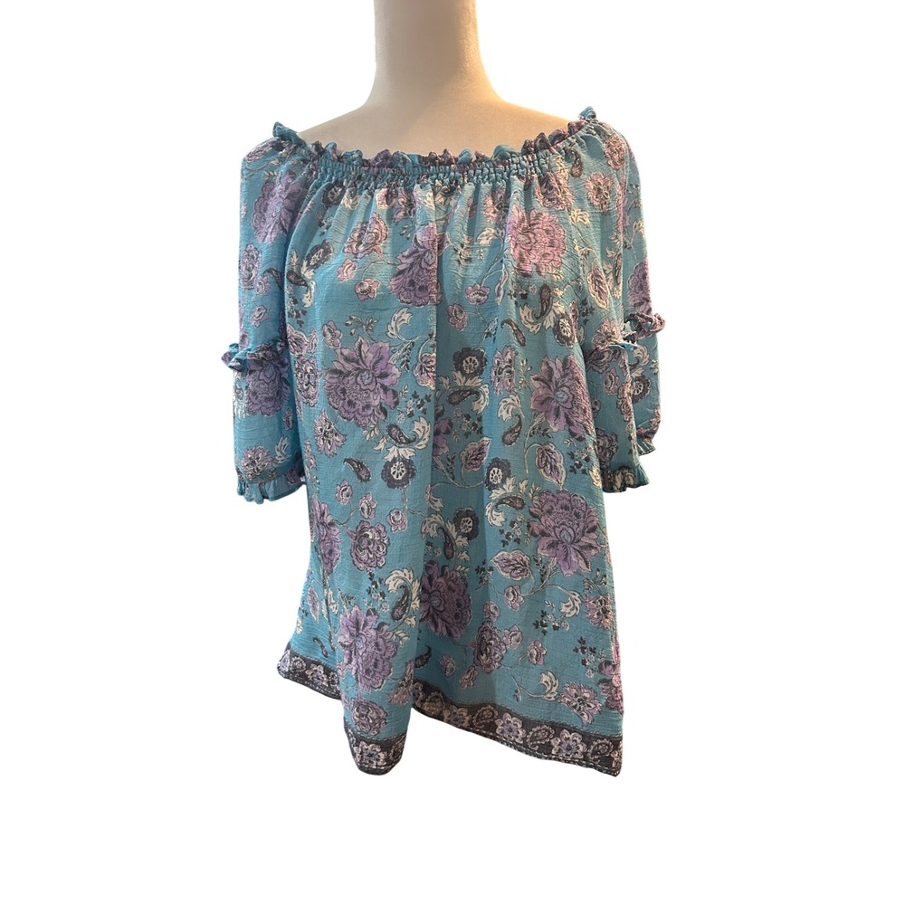Floral Off Shoulder Top Blue Purple Ruffle Sleeve Bohemian Blouse